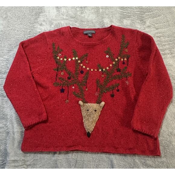 Vintage Northern Isles Women’s XL Red Reindeer Antlers Christmas Sweater 90s - Picture 1 of 7